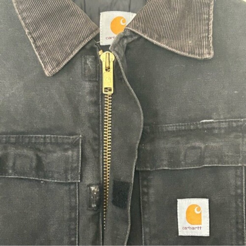 Vintage Carhartt Black Canvas Quilted Corduroy Collar Chore Work Jacket Size 48 - Picture 9 of 12